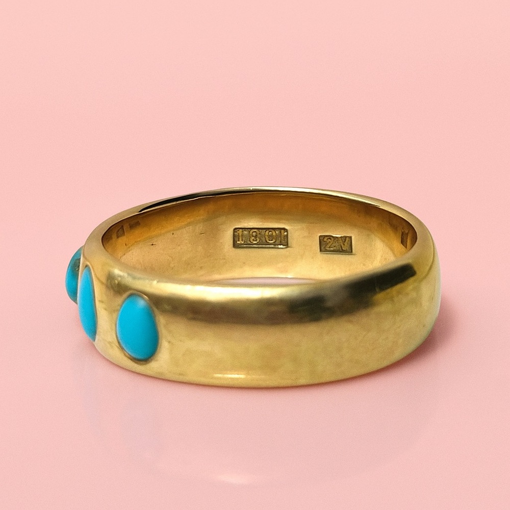 Antique 18ct Yellow Gold Turquoise Trilogy Band Ring, 8.73g, Size 8.5 - Picture 3 of 3